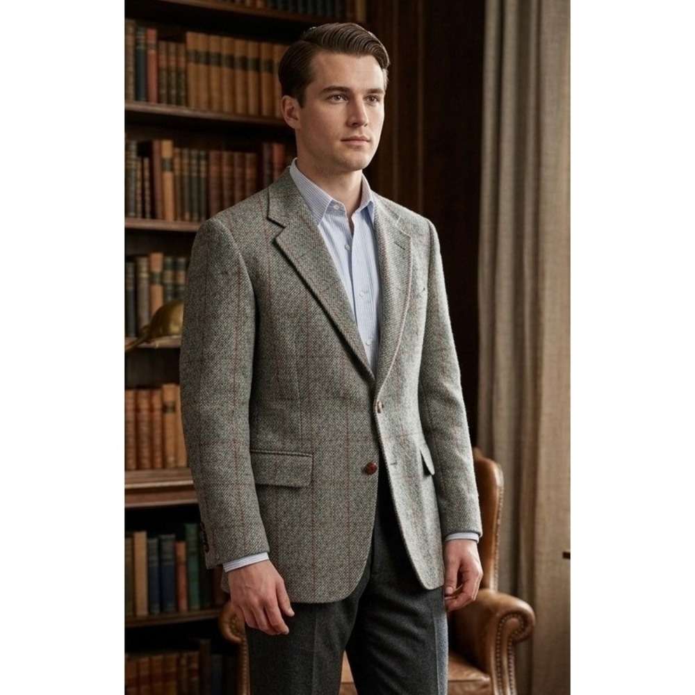 Cricketeer Mens Herringbone Windowpane Wool Blend Blazer Sport Coat USA 40R Gray